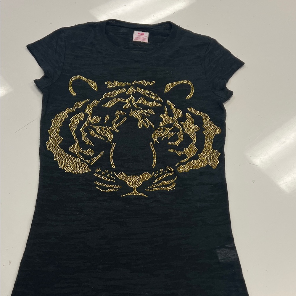 UK designer E. Vil Black Tee with Gold rhinestone Tiger Design. SiZ XS  perfect